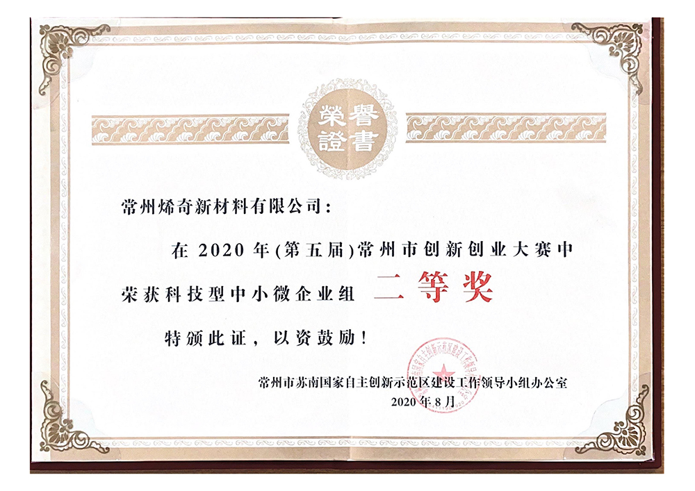 2020年常州市創(chuàng)新創(chuàng)業(yè)大賽二等獎(jiǎng)——證書